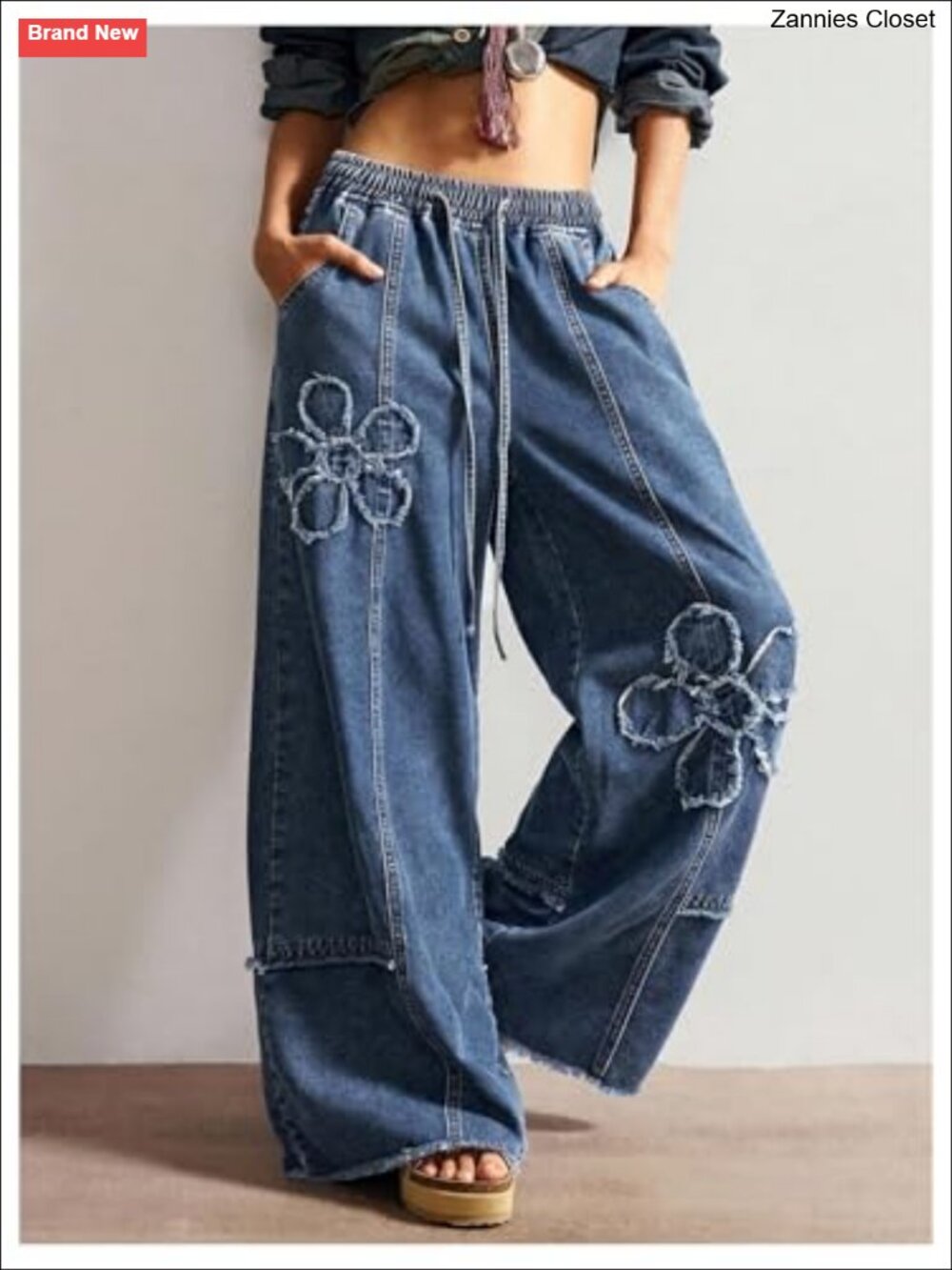 Womens Y2K Baggy Wide Leg Floral Drawstring Low Rise Denim Jeans Loose Fit - Picture 2 of 5